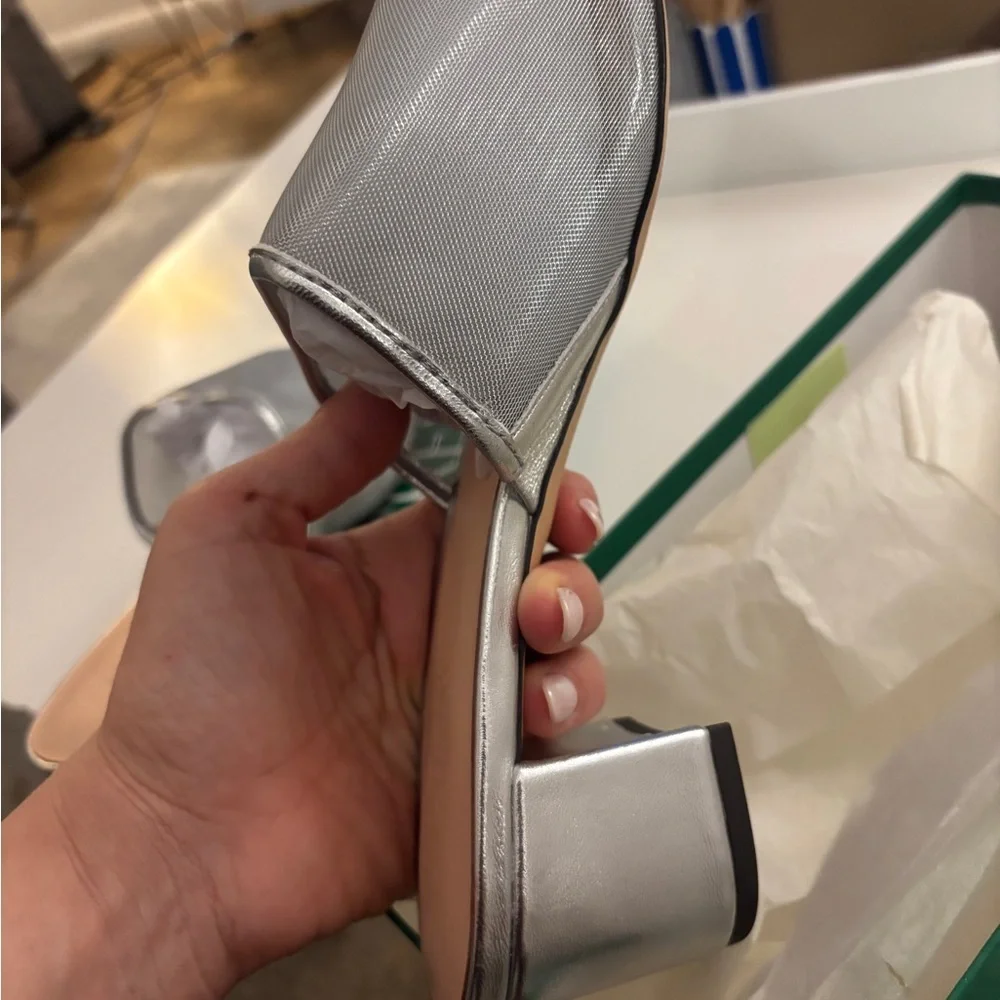NWB J. Crew Mule Block Heel Sandals in Silver Metallic Mesh Size 12